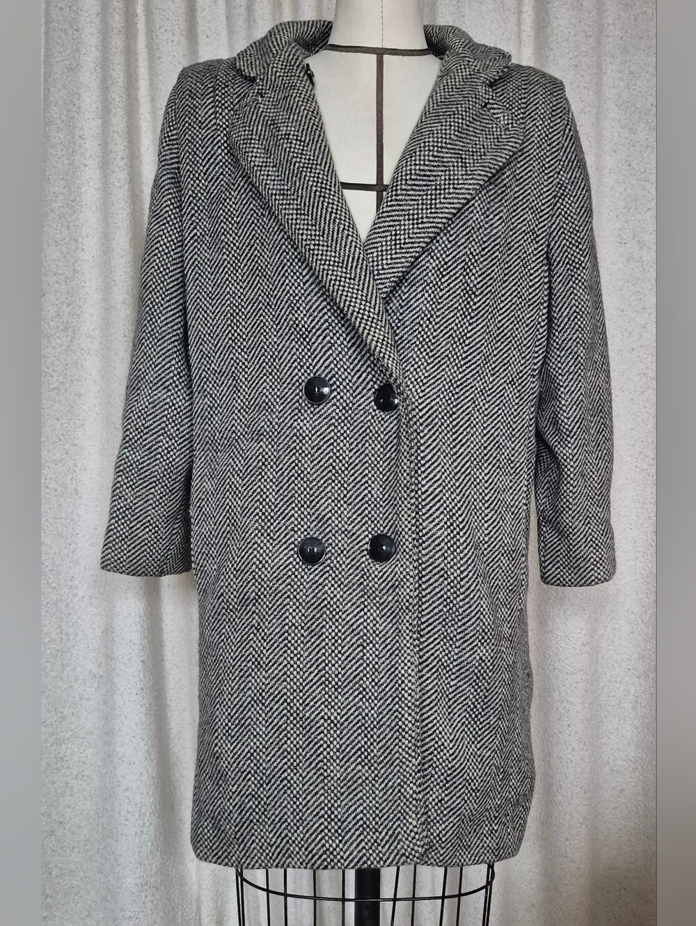 80s Vintage Tweed Black And White Wool Women Coat
